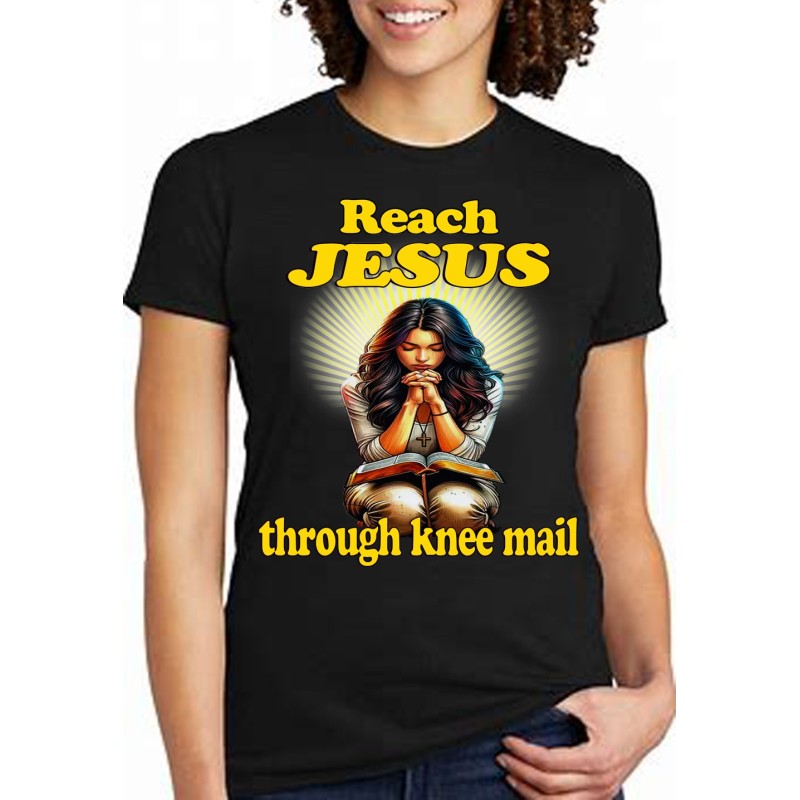 REACH JESUS THROUGH KNEE MAIL WHITE WOMAN YELLOW LETTERING