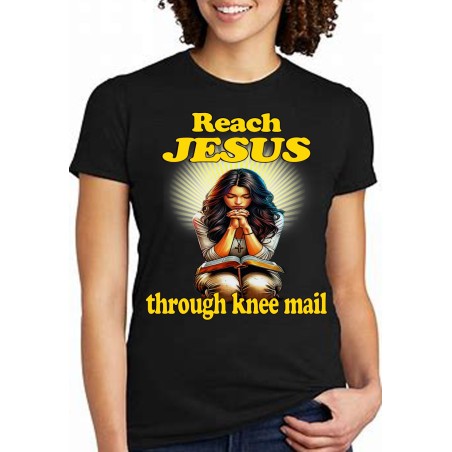 REACH JESUS THROUGH KNEE MAIL WHITE WOMAN YELLOW LETTERING