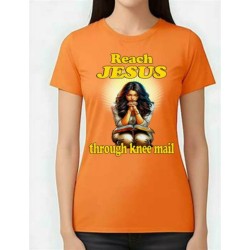 REACH JESUS THROUGH KNEE MAIL WHITE WOMAN YELLOW LETTERING